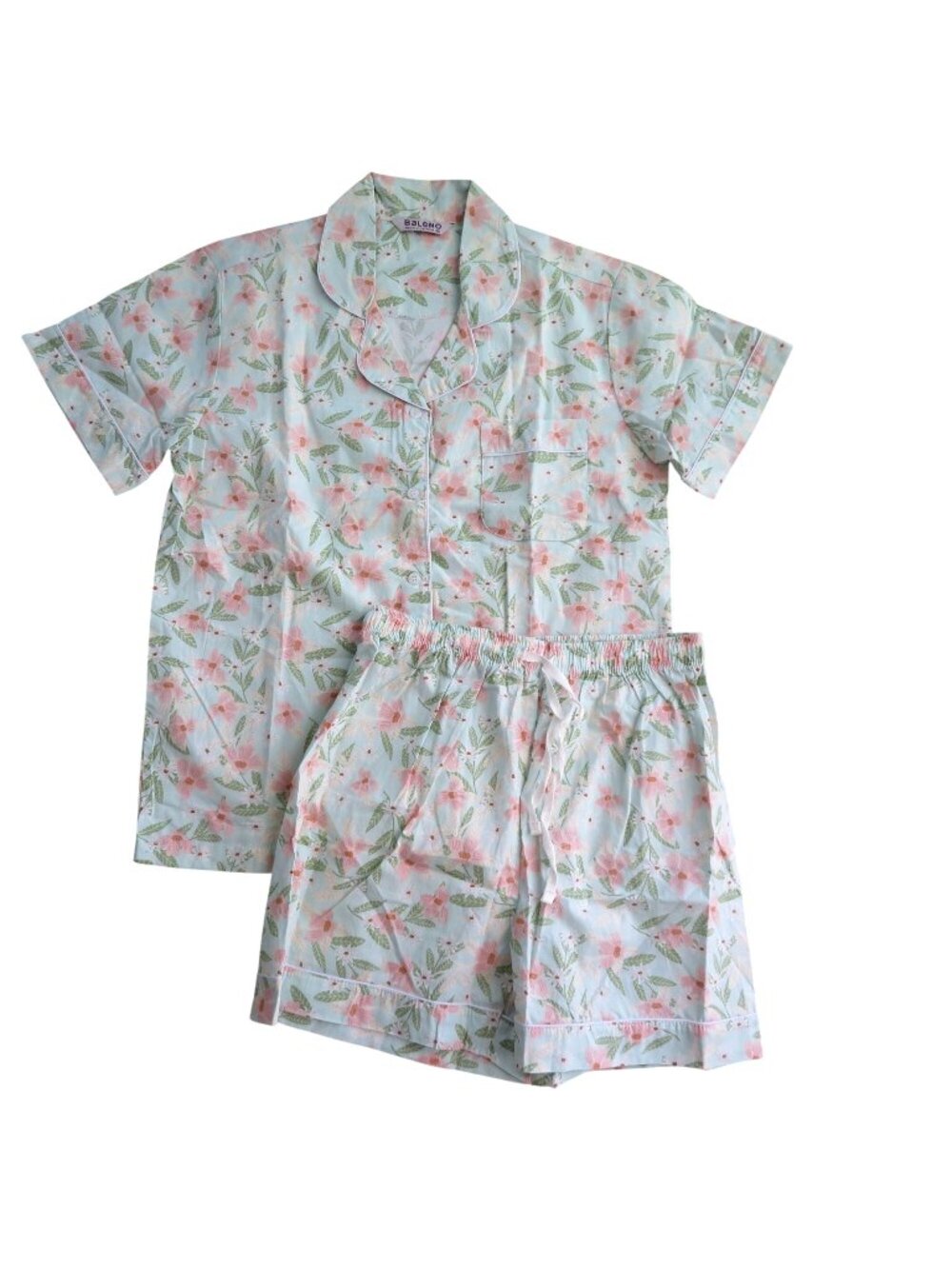 Baleno Womens Floral Cotton Pajama Set Short Sleeve Button-Up Top Elastic Waist